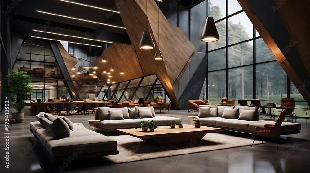 Modern living room with wooden accents and large windows overlooking nature. Modern living room with wooden accents and large windows overlooking nature.
