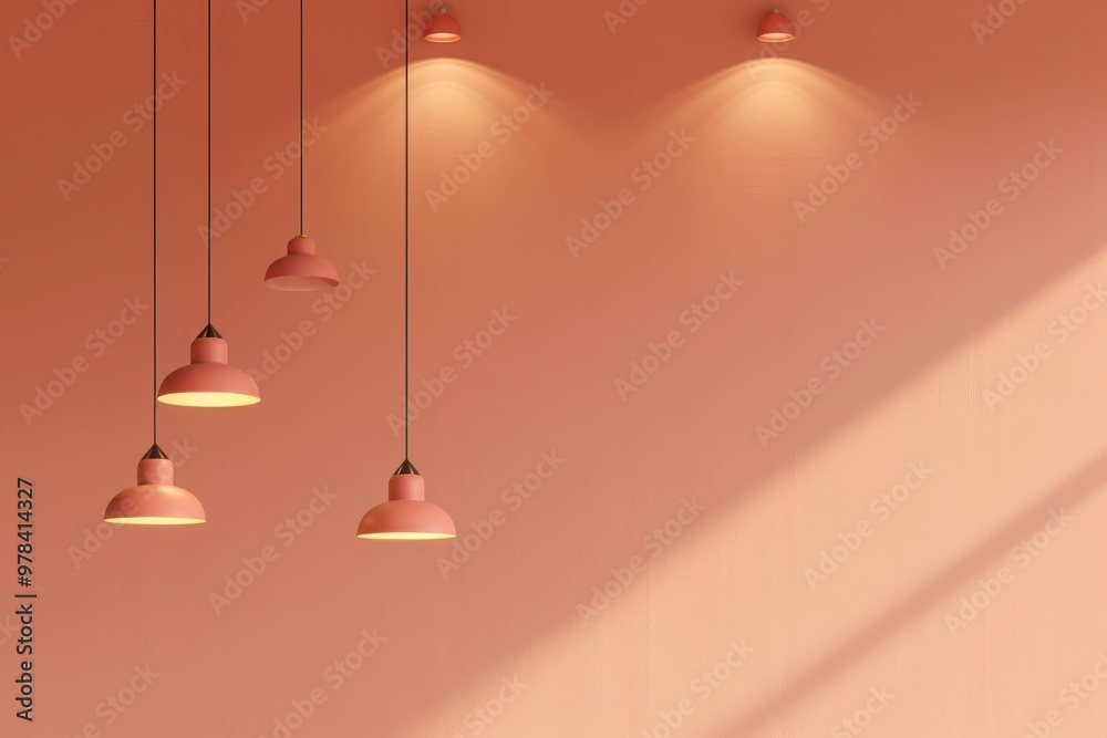 Warm Minimalist Interior with Pendant Lamps, Wallpaper illustration, real estate theme Warm Minimalist Interior with Pendant Lamps, Wallpaper illustration, real estate theme