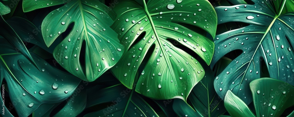 monstera leaves with water droplets, tropical background flat design, top view, jungle vibes, cartoon drawing, vivid colors monstera leaves with water droplets, tropical background flat design, top view, jungle vibes, cartoon drawing, vivid colors
