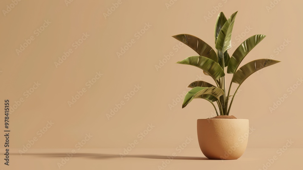 Serene Simplicity: A solitary tropical plant in a minimalist terracotta pot graces a calming beige backdrop, bathed in soft, natural light, copy space for text Serene Simplicity: A solitary tropical plant in a minimalist terracotta pot graces a calming beige backdrop, bathed in soft, natural light, copy space for text