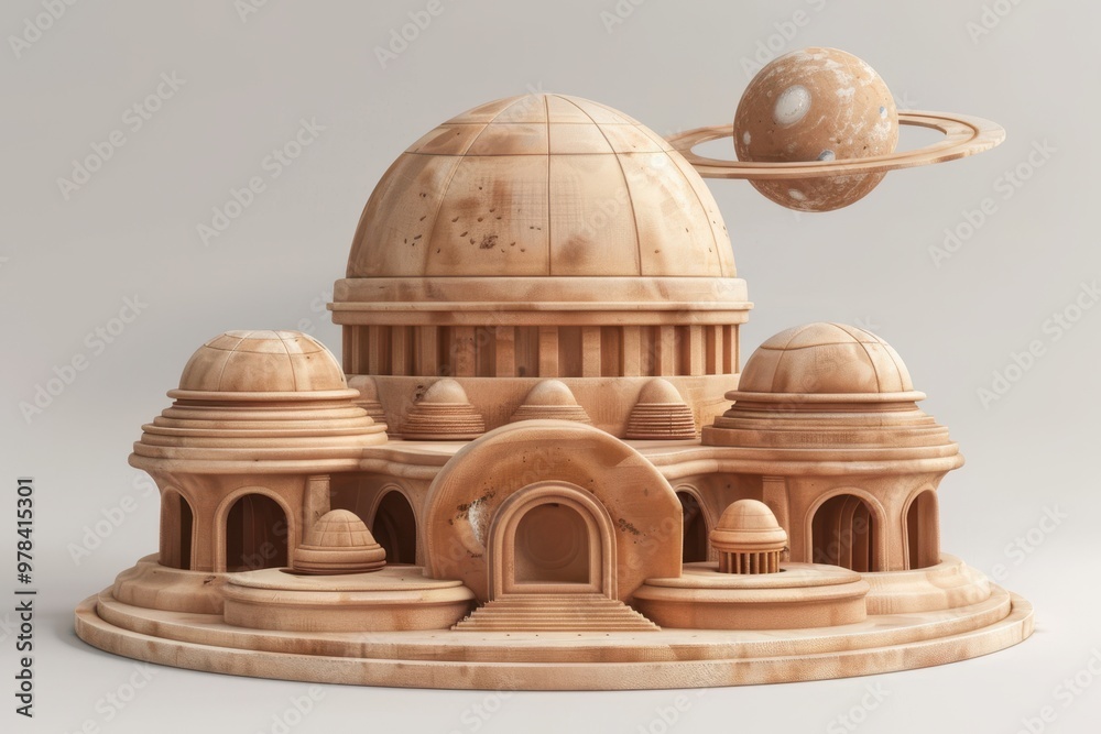 Obraz premium Aetherial Cityscape: A futuristic city bathed in the soft glow of a distant planet with rings, creating a mesmerizing scene of architectural wonder and celestial beauty