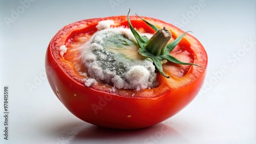 Half of moldy red tomato covered with penicillin fungus, concept of recycling organic waste , spoiled, tomato, mold photo