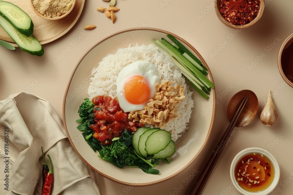 A vibrant and appetizing simple Thai food bowl with a fried egg, cucumber, spinach, and chili sauce. The dish is beautifully presented on a beige A vibrant and appetizing simple Thai food bowl with a fried egg, cucumber, spinach, and chili sauce. The dish is beautifully presented on a beige