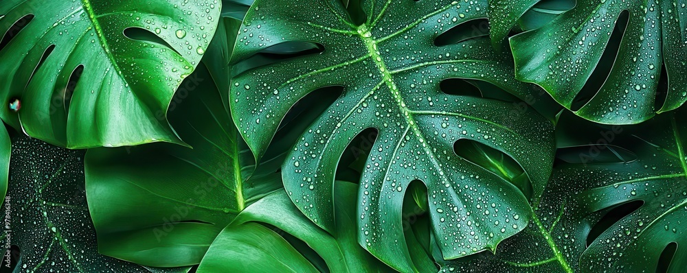 monstera leaves with sparkling dew, tropical theme flat design, top view, fresh and vibrant, water color, vivid colors monstera leaves with sparkling dew, tropical theme flat design, top view, fresh and vibrant, water color, vivid colors