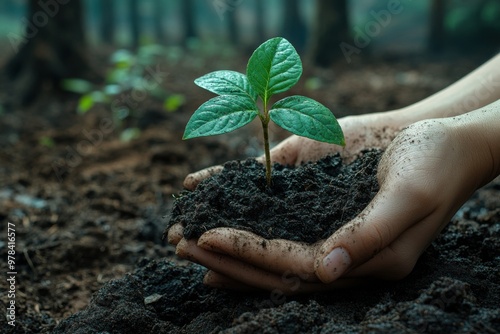 Close-up of a human hand gently planting a small sapling into the rich soil photo