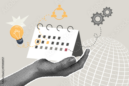 Trendy halftone collage. Project management concept, business development, teamwork. Illustration for web banner, social media banner, business presentation, marketing material.
