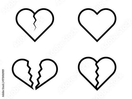 ひび割れた幾何学的ハートマークセット：黒線