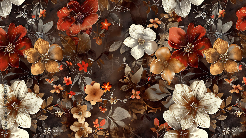 Fototapeta premium Beautiful floral pattern with red, white, and brown flowers on a dark brown background.