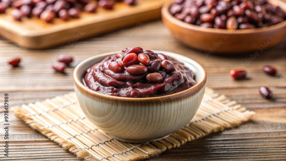 Sweet red bean paste in a small dish, Japanese cuisine, traditional, dessert, scoop, spoon, food, close-up, portion Sweet red bean paste in a small dish, Japanese cuisine, traditional, dessert, scoop, spoon, food, close-up, portion