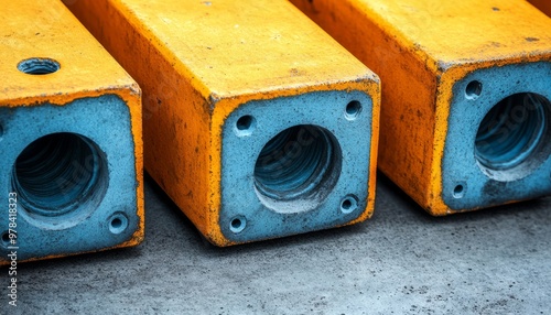 Three Yellow and Blue Metal Blocks with Circular Holes photo