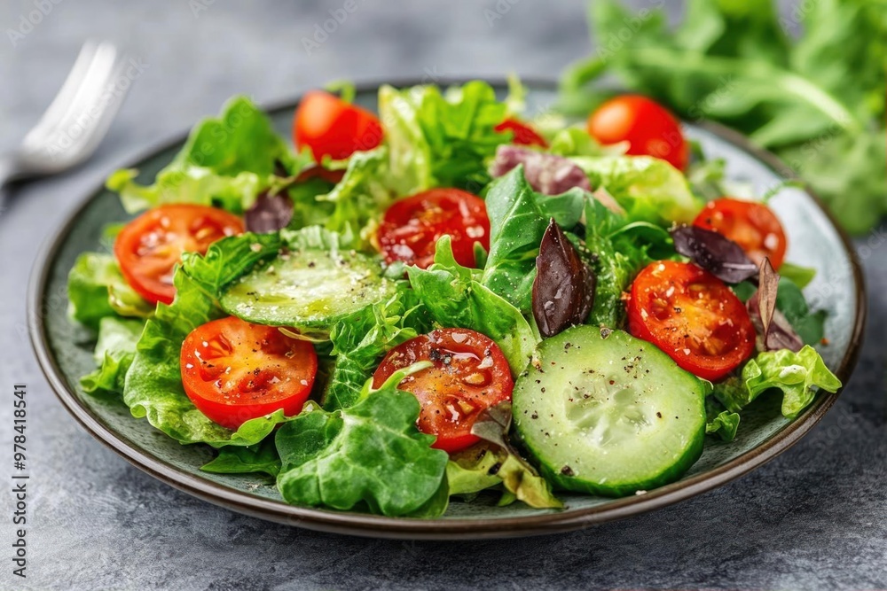 Fresh green salad with cherry tomatoes, cucumbers, and lettuce on a gray background. Fresh green salad with cherry tomatoes, cucumbers, and lettuce on a gray background.