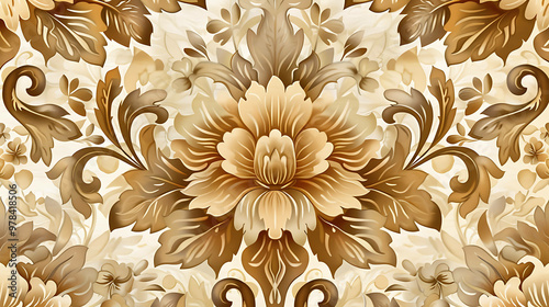 A gold and white floral pattern with large blossoms in the center. photo