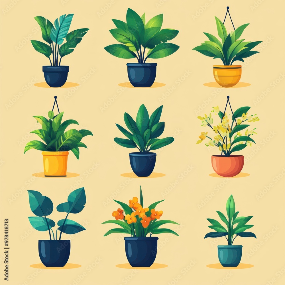 Illustration of Nine Potted Plants with Green Leaves, Flowers and Yellow Pots