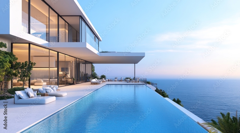 Fototapeta premium Modern Villa with Infinity Pool Overlooking the Ocean
