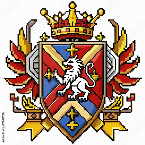 A pixelated image of a crown and a lion