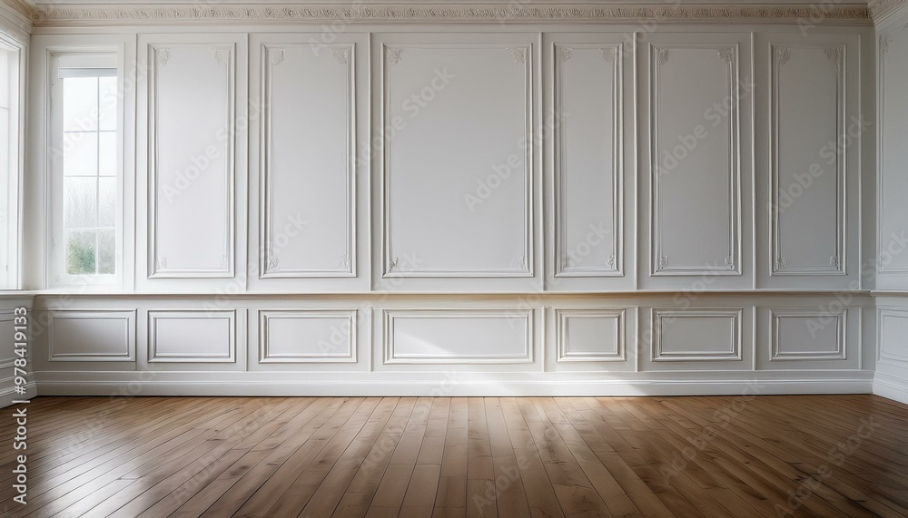 A close-up shot of the white paneling walls in an empty room, with wooden flooring and a big A close-up shot of the white paneling walls in an empty room, with wooden flooring and a big