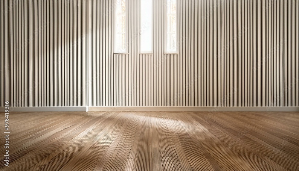 A serene empty room with white paneling walls, wooden flooring, and a large window that lets A serene empty room with white paneling walls, wooden flooring, and a large window that lets