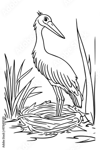 Stork Coloring Page in Wetland Habitat for coloring books or educational materials about birds