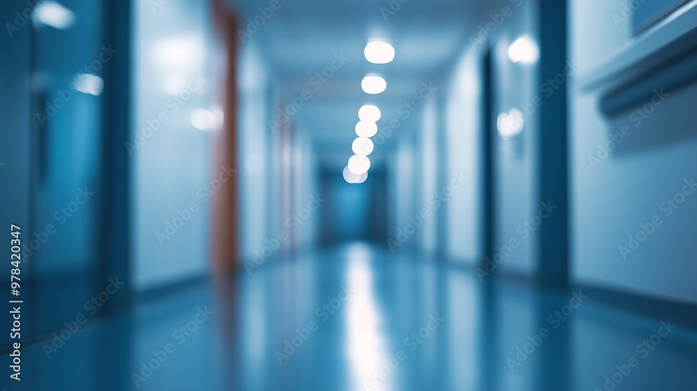 Blurred hospital corridor illuminated by overhead lights in a quiet, sterile environment