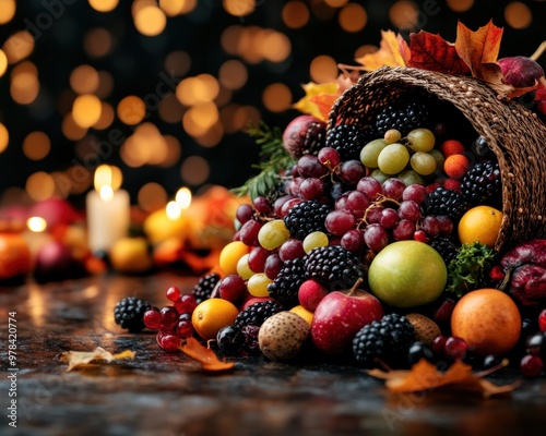 Fototapeta Naklejka Na Ścianę i Meble -  Overflowing with fresh autumn fruits and berries, a festive cornucopia rests amidst colorful fall leaves, bathed in the soft light of nearby candles.