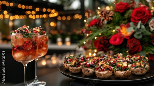 A display of elegant holiday bites with savory stuffed mushrooms and a colorful festive cocktail, framed by the soft glow of twinkling lights and charming seasonal decorations.