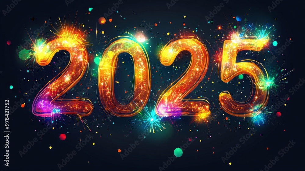 Year 2025 on black background Year 2025 on black background
