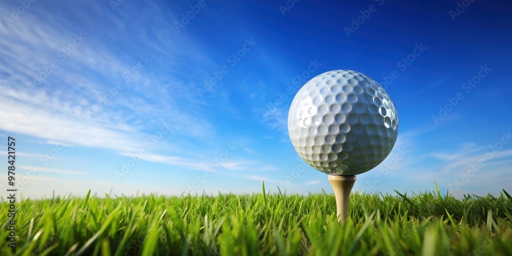 Golf ball on tee with sky background , sports, golf, outdoor, recreation, leisure, game, competition, equipment Golf ball on tee with sky background , sports, golf, outdoor, recreation, leisure, game, competition, equipment