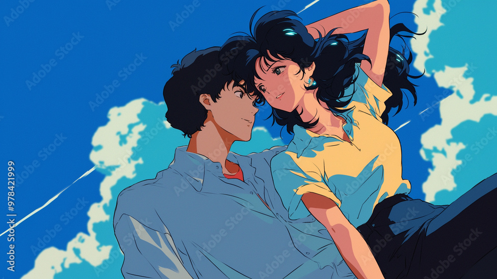 70年代、80年代のシティポップを意識したカップルのアニメ風イラスト,レトロポップ,日本人,懐かしい,エモい,J-pop,エモーショナル,チル,背景素材 70年代、80年代のシティポップを意識したカップルのアニメ風イラスト,レトロポップ,日本人,懐かしい,エモい,J-pop,エモーショナル,チル,背景素材