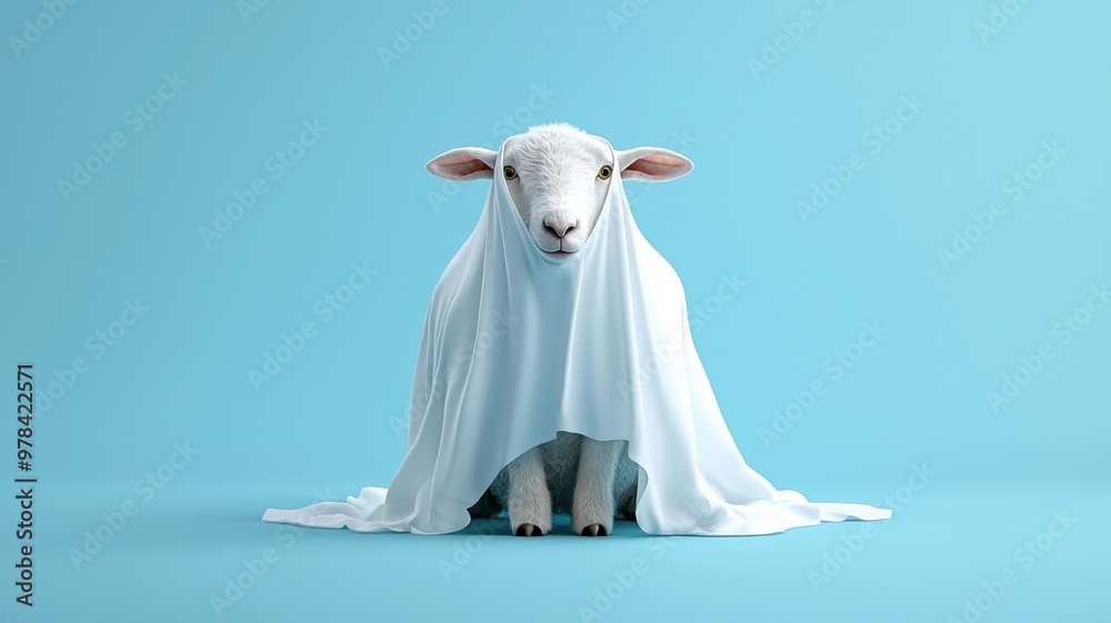 Naklejka premium A playful sheep covered with white blanket sits against light blue background, creating whimsical and charming scene. sheeps expression adds touch of humor to image