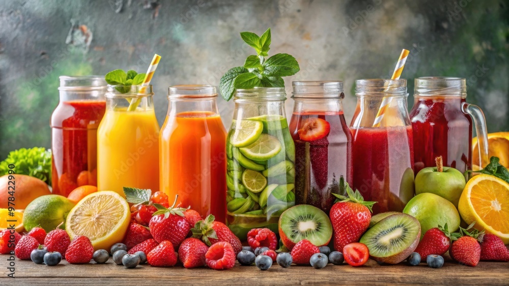 Vibrant display of fresh fruit-based beverages on a table , fruity, colorful, drinks, refreshment, healthy, variety Vibrant display of fresh fruit-based beverages on a table , fruity, colorful, drinks, refreshment, healthy, variety