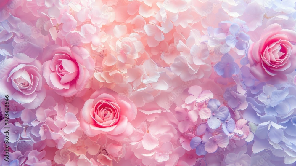 Fototapeta premium Valentine's Day Floral Delight, a vibrant backdrop showcasing a medley of pink and lilac roses, adorned with a variety of multicolored blooms, perfect for romantic settings.