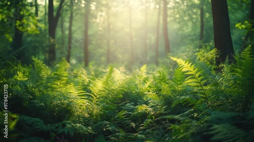 Fototapeta Naklejka Na Ścianę i Meble -  Calm forest scene with soft sunlight and lush greenery, inviting deep breaths and relaxation Wellness, Forest, peace, greenery