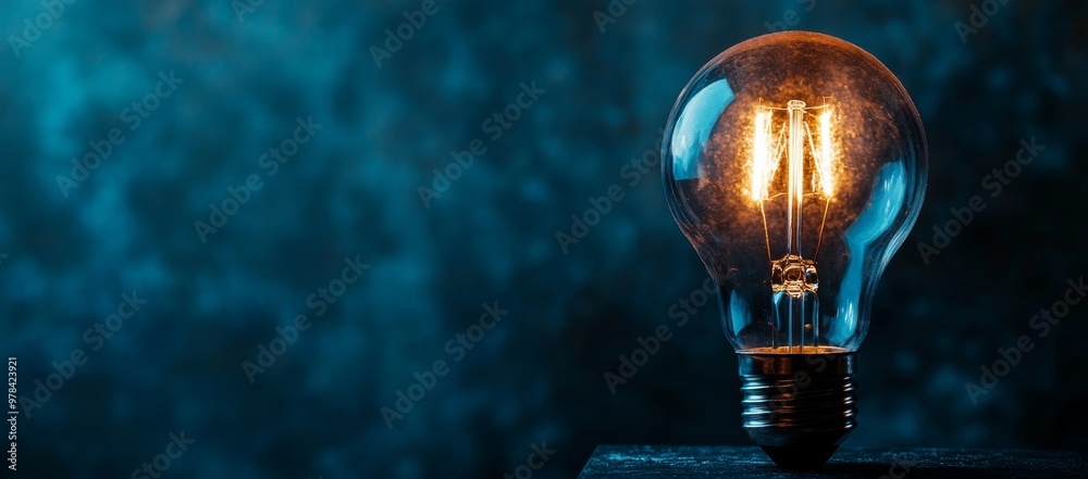 3D rendering of a light bulb on a dark blue background with copy space for text.
