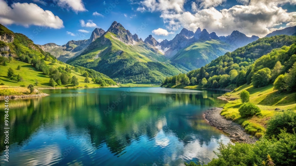 Beautiful Artouste lake surrounded by lush greenery and majestic mountains in Pyrenees atlantiques, Nouvelle Aquitaine Beautiful Artouste lake surrounded by lush greenery and majestic mountains in Pyrenees atlantiques, Nouvelle Aquitaine