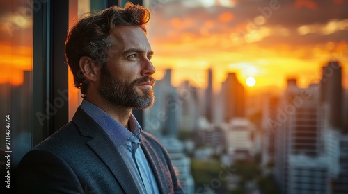 Determined Man Looking Out at the Sunset Over a Cityscape