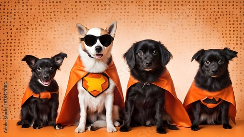  adorable dogs dressed in Halloween-themed capes posing against an orange polka-dotted background, perfect for festive pet photography, Halloween-themed content, or animal costume-related projects. photo