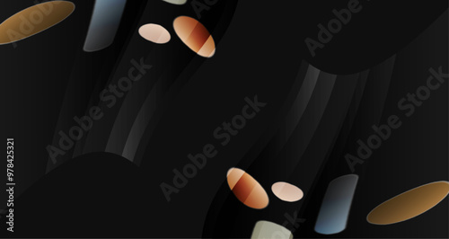 flowing lines and circular shapes in shades of brown, peach, and cream against a black backdrop