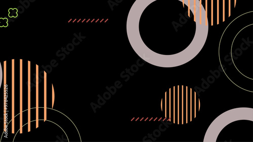 Abstract geometric pattern with vibrant circles and stripes on a dark background. Colorful abstract geometric pattern featuring circles and striped lines in vivid colors against a dark backdrop