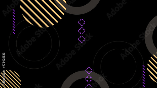 Abstract geometric background with colorful circular patterns and striped accents on a dark backdrop. A visually engaging abstract background featuring colorful geometric shapes