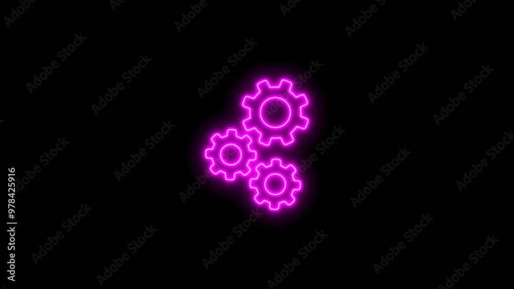 Neon Settings, Gear Line Icon. glowing gear on black background. Neon Settings, Gear Line Icon. glowing gear on black background.