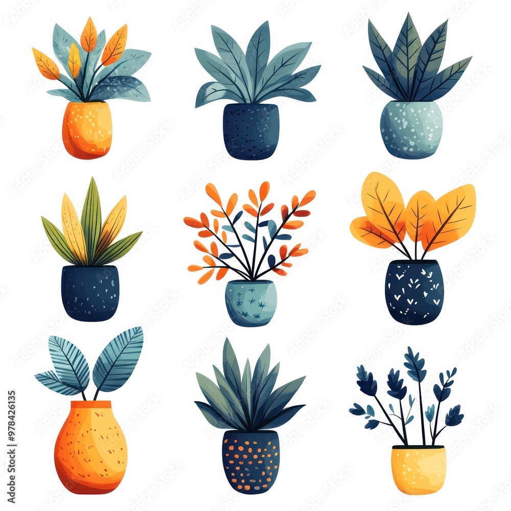 Illustration of Potted Plants with Blue and Orange Colors Illustration of Potted Plants with Blue and Orange Colors