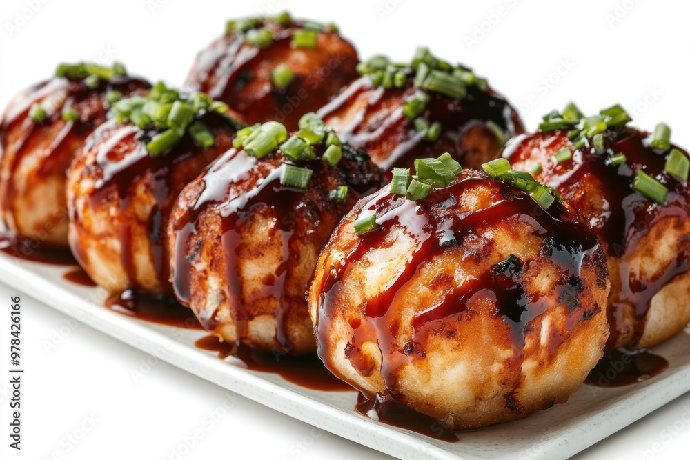 Close-up of Takoyaki, Japanese Street Food, with Sauce and Green Onions Close-up of Takoyaki, Japanese Street Food, with Sauce and Green Onions