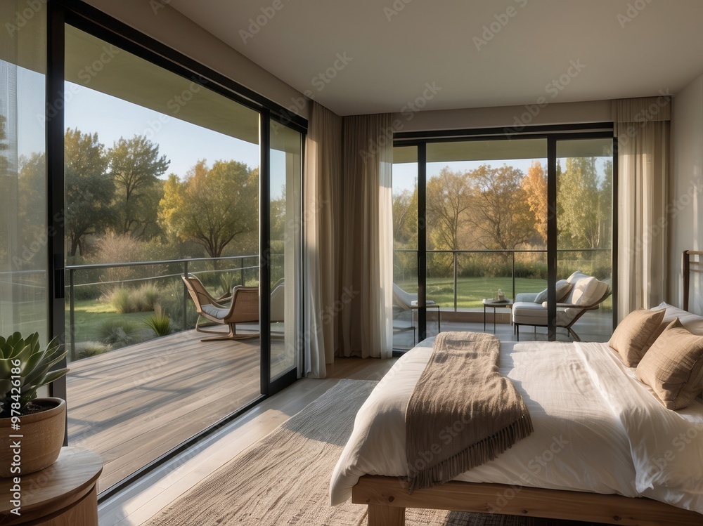 Modern Bedroom with Sliding Glass Doors and View of a Green Lawn Modern Bedroom with Sliding Glass Doors and View of a Green Lawn