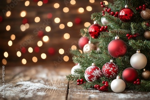 Christmas tree with red and white baubles and lights against an old wood background