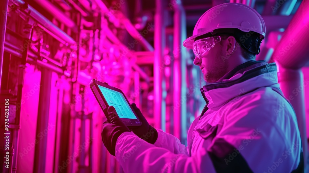 Fototapeta premium Industrial Technician Inspecting Heat Exchanger with Infrared Camera, Vibrant Neon Palette