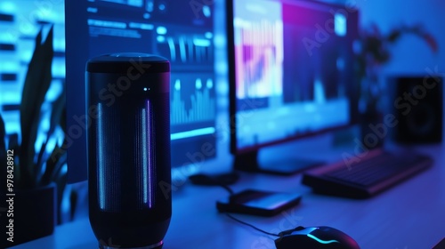 An AIpowered voice translation system converting spoken language into realtime subtitles, front view, showcasing seamless communication, technology tone, Complementary Color Scheme
