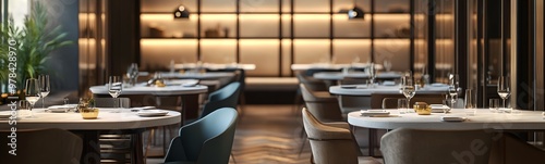 14. **A sleek, modern restaurant with elegant tables, comfortable chairs, and a clean, contemporary design. The background is unobtrusive.