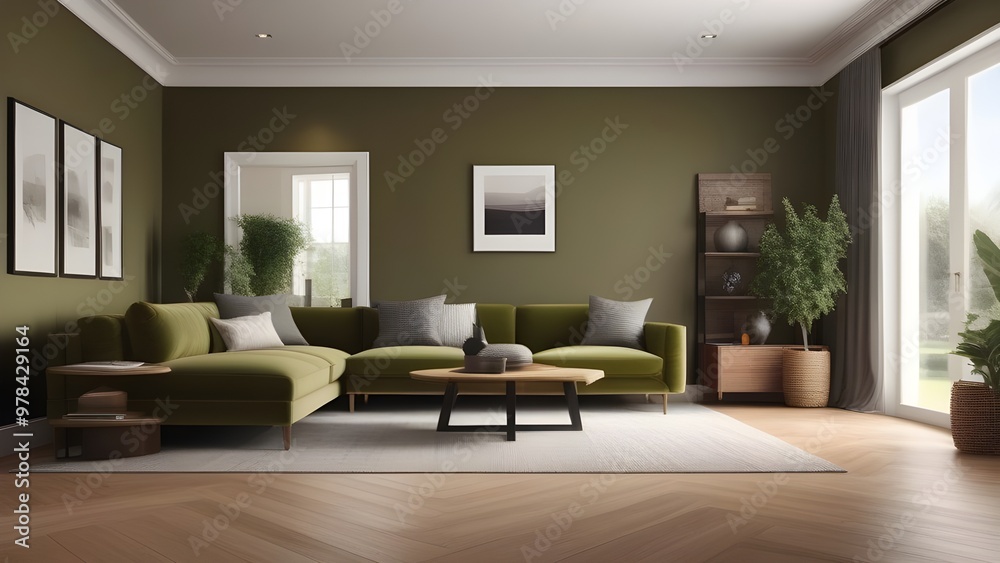 Fototapeta premium Living room interior. Palette of shades: olive, green.