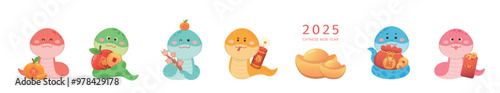 6 cute snake mascots or cartoon characters, playful and cute, vector elements for Chinese New Year, translation: spring
