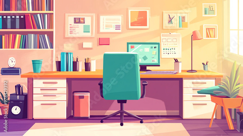 Bright and organized home office workspace with green chair and modern decor in the afternoon light photo